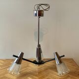 Vintage chandelier in chrome metal, steel and molded glass -3 branches