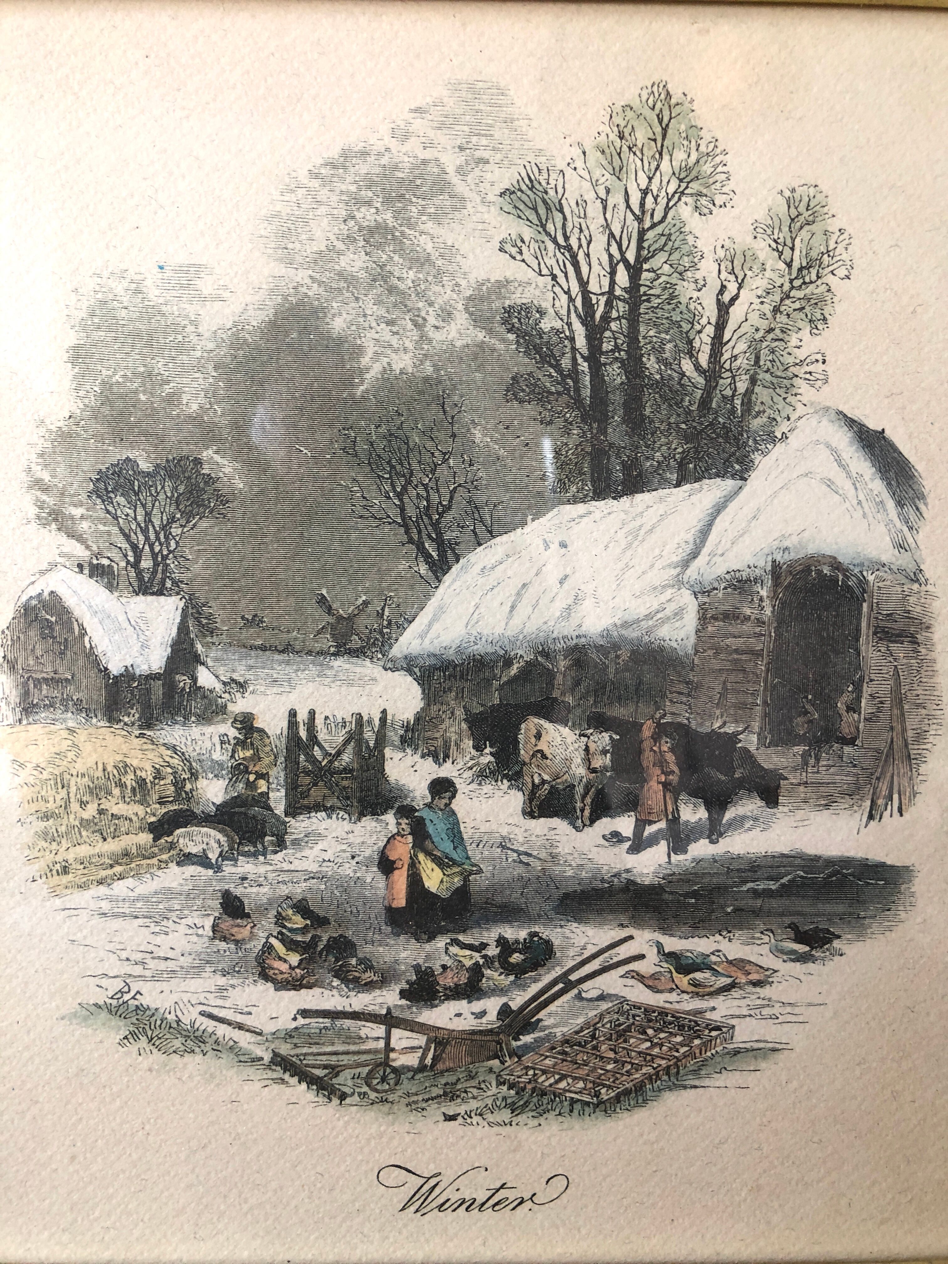 Set of 4 framed antique prints - 4 seasons