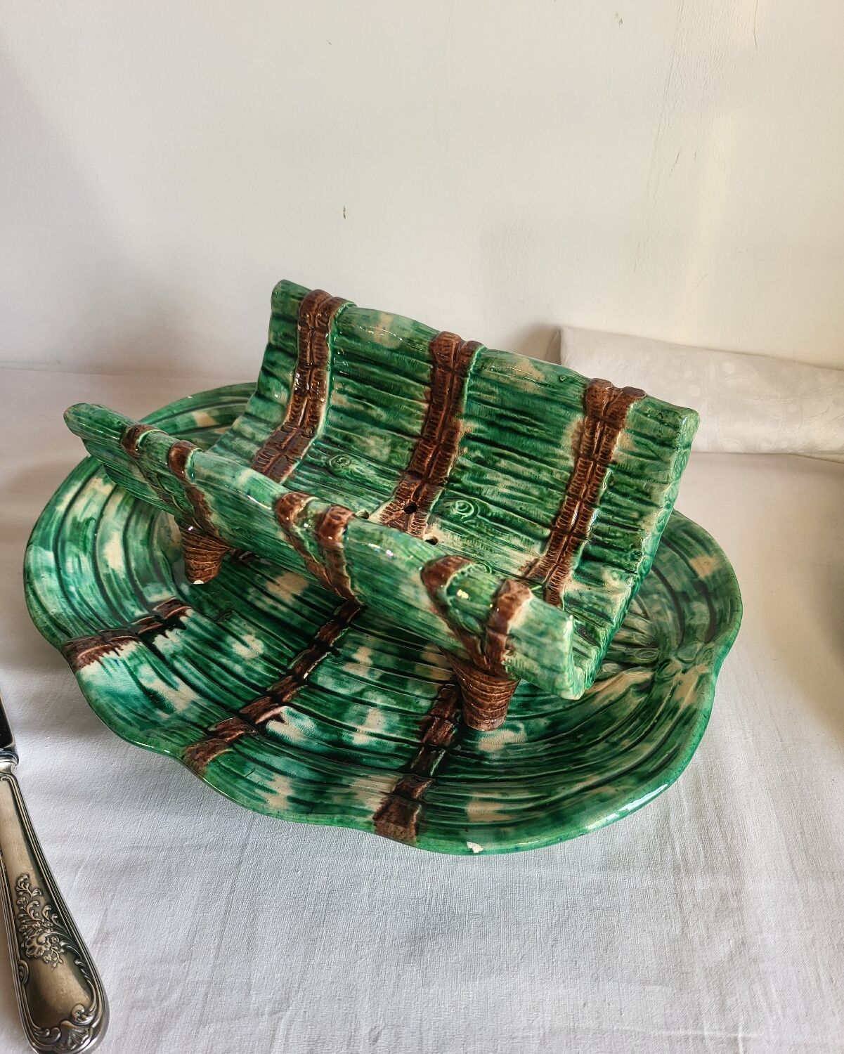 Dish and Asparagus Drainer in Green Barbotine Earthenware