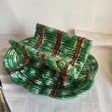 Dish and Asparagus Drainer in Green Barbotine Earthenware