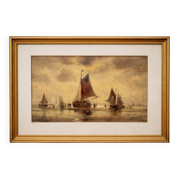 Huile sur toile ancienne – marine aux voiliers – signée Bentley