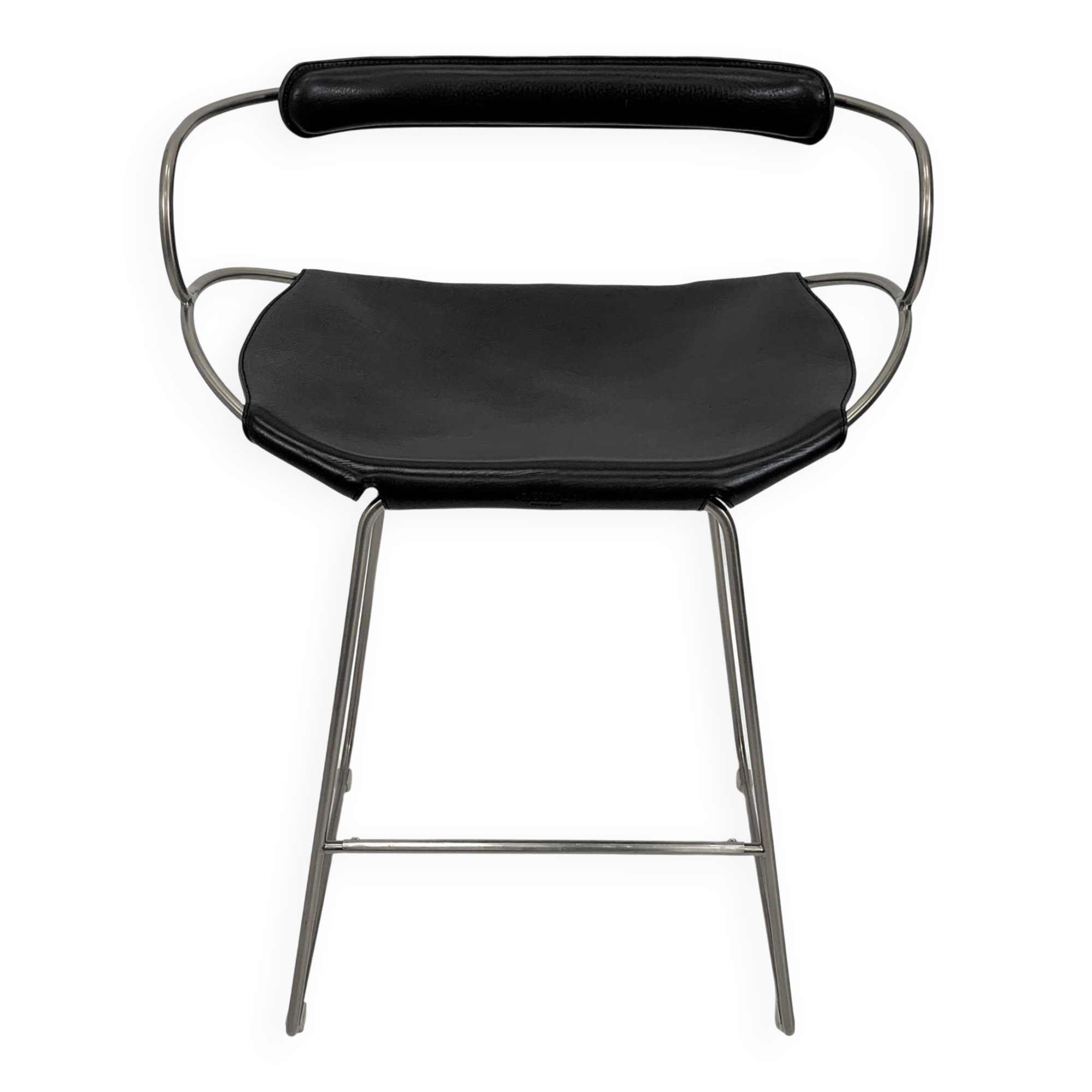Kitchen stool with a weathered silver steel backrest and black seat.