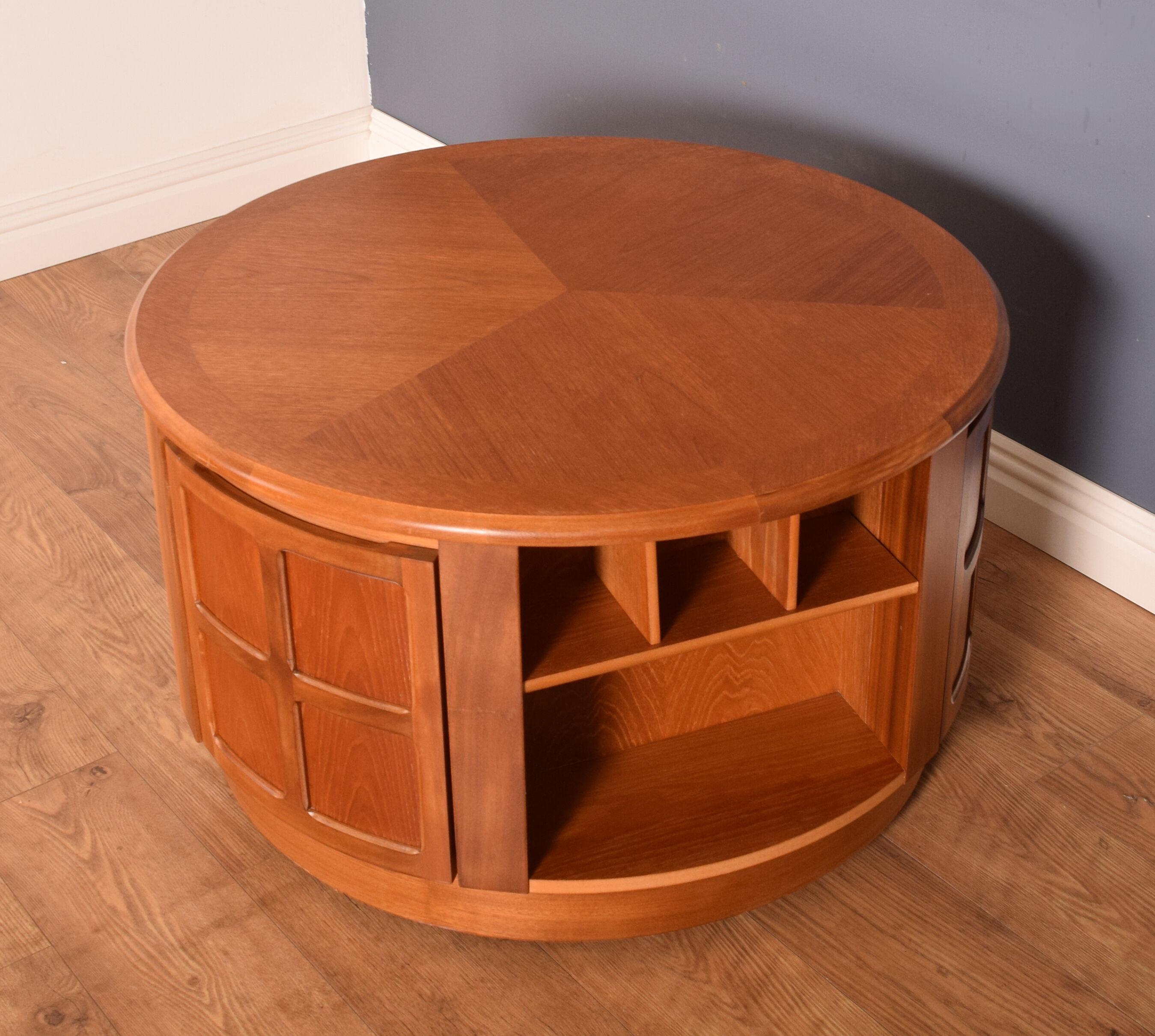 Restored teak retro round nathan squares drum coffee table collectors item