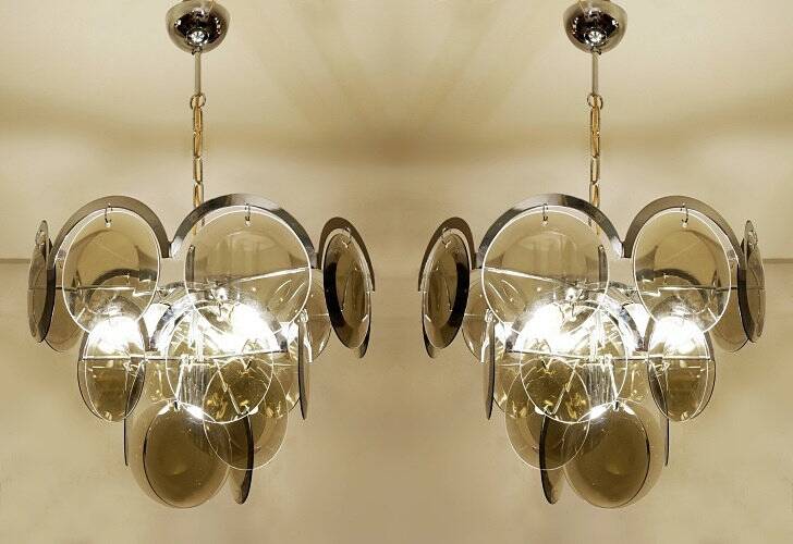 Pair of Vistosi Smoked Glass Disc Chrome Chandeliers, Italy, 1970s