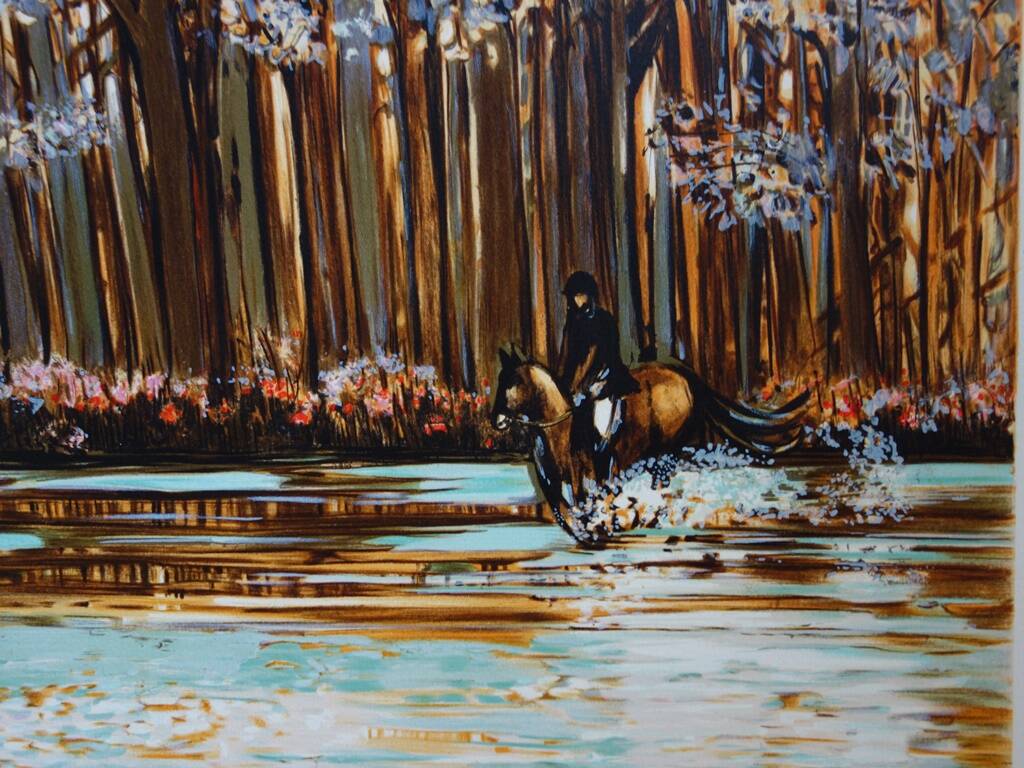 Michel Henry : Cavalier dans le sous-bois aux coquelicots, lithographie originale signée