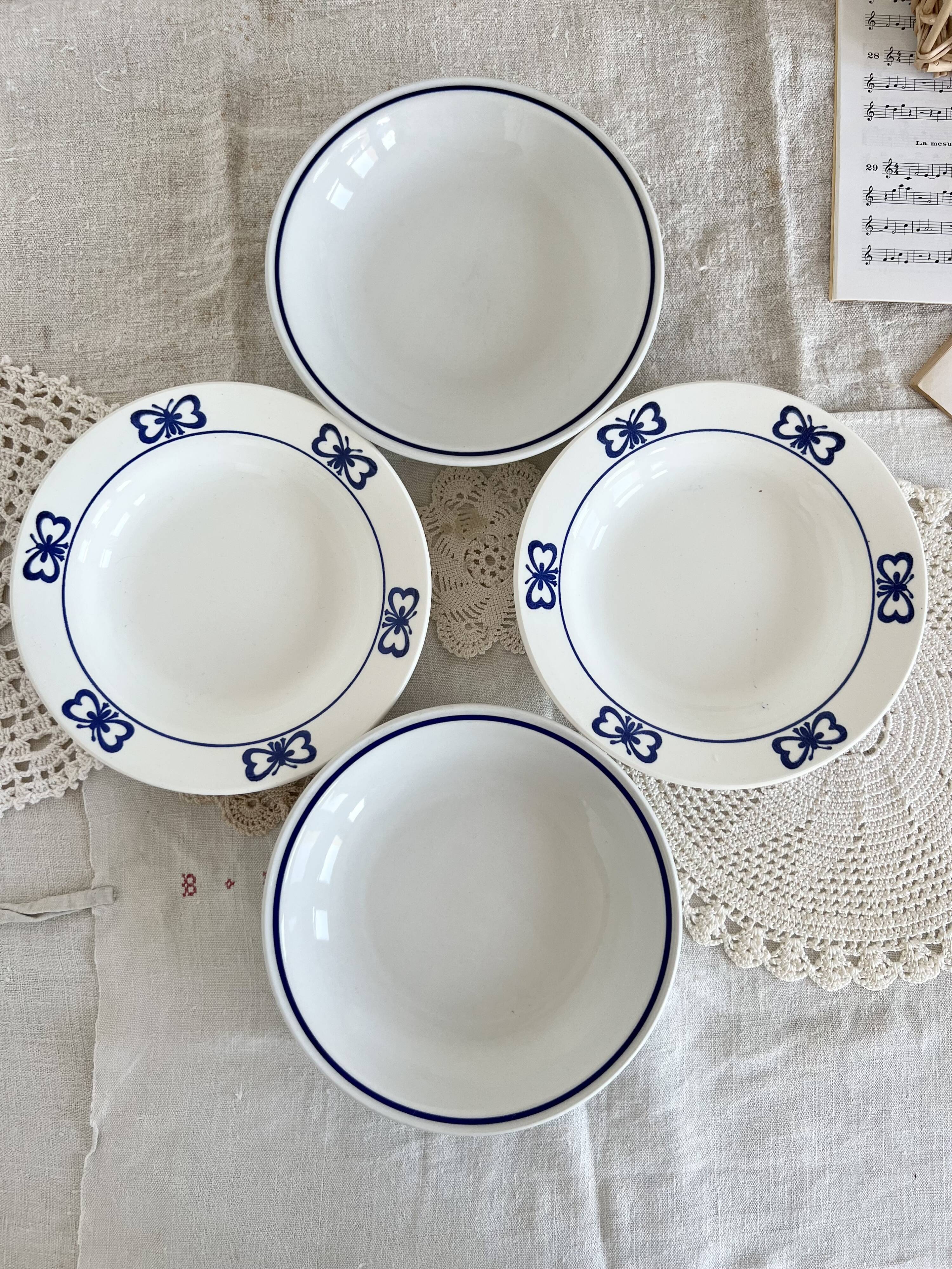 4 vintage mismatched deep plates blue white porcelain bistro butterflies