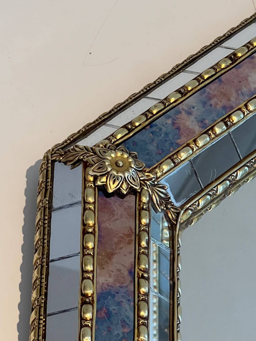Octagonal Faceted Mirror with Brass Garlands — French Work, Glass