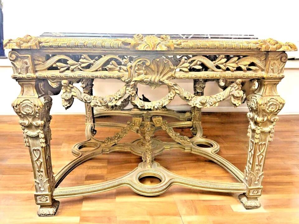 Large Square Louis XV Style Table in Carved Gilded Beech and Brown Marble