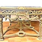Large Square Louis XV Style Table in Carved Gilded Beech and Brown Marble