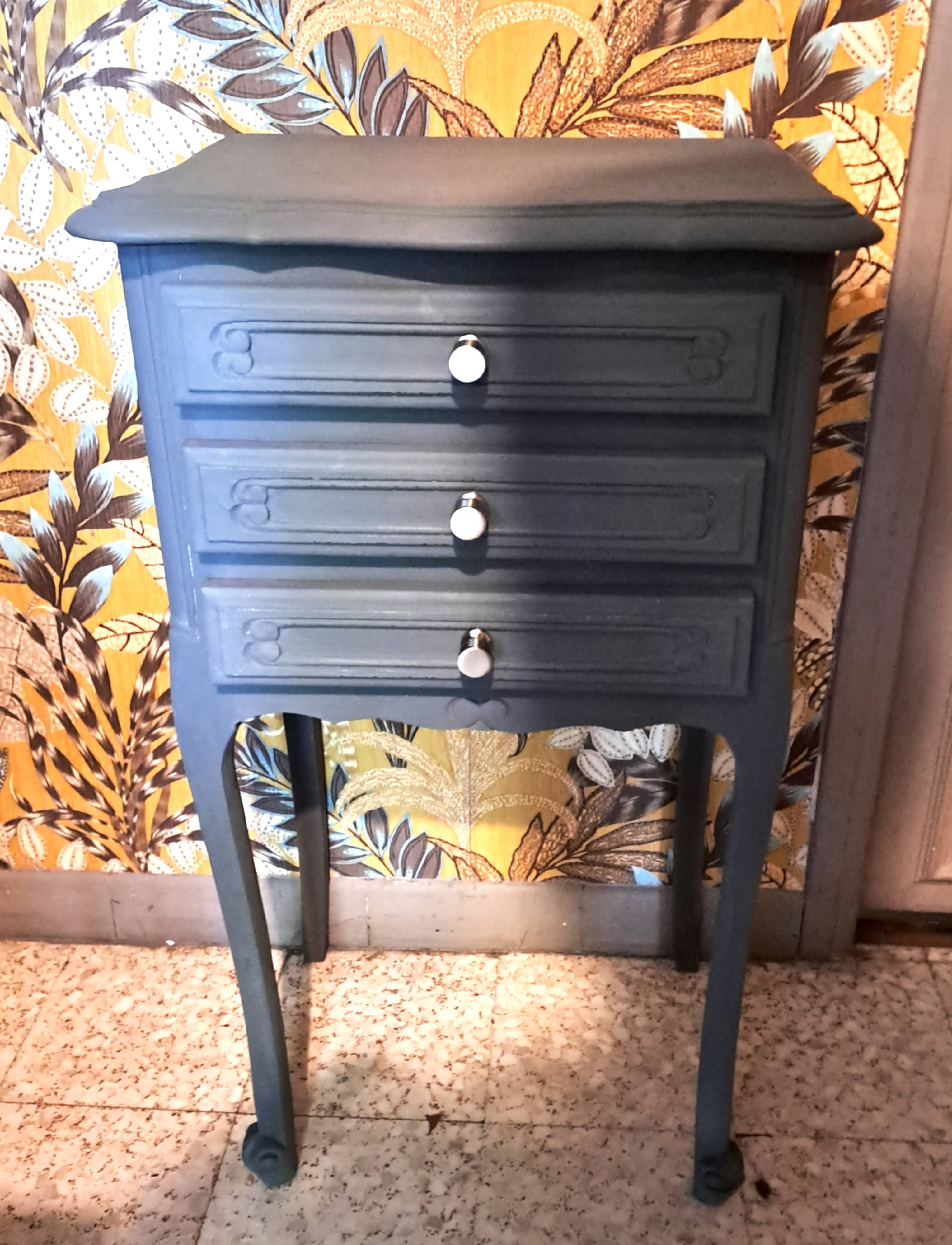 1950 bedside table in painted wood, trench grey color, renovated, 3 drawers