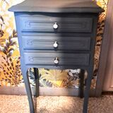 1950 bedside table in painted wood, trench grey color, renovated, 3 drawers
