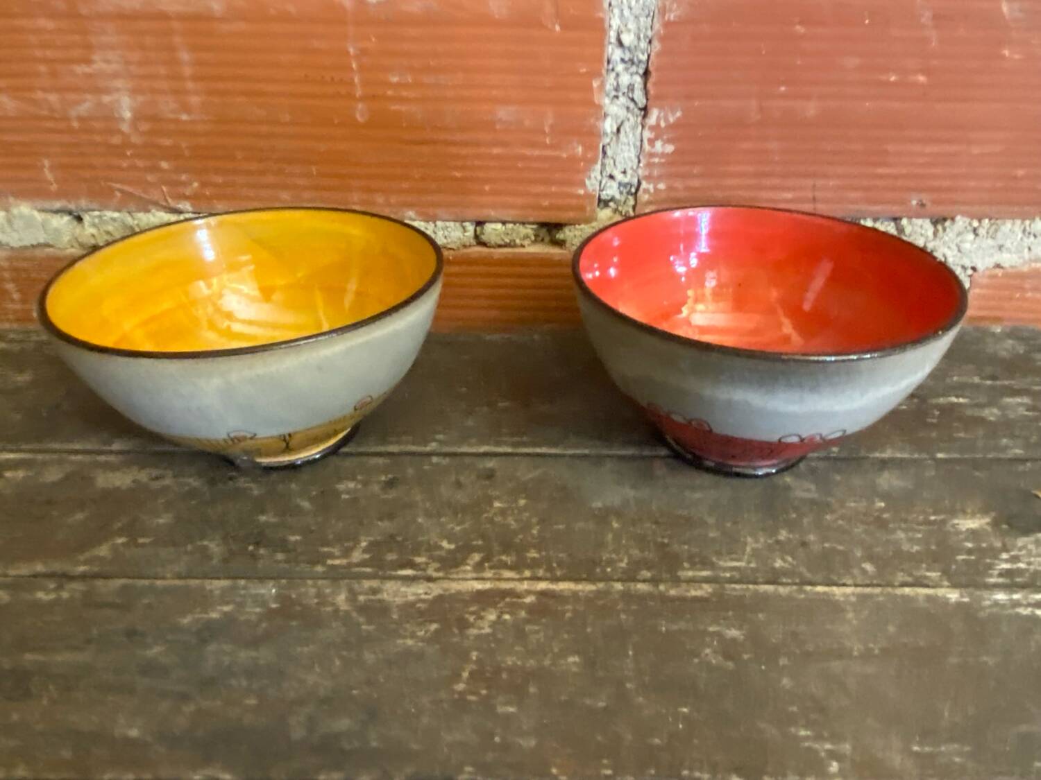 Pair of Antique Bowls Pottery Arlequin Rustrel Chiseled Ceramic + Enamel