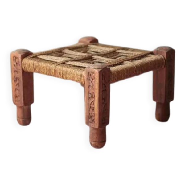 Tabouret vintage, tabouret bois avec cordes, tabouret bas, tabouret ethnique, décoration intérieur, stool