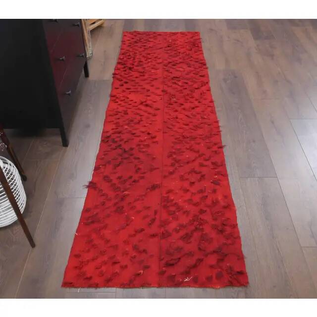 Vintage Turkish Hand-Knotted Wool Cotton Red Kilim Runner Rug 72x256