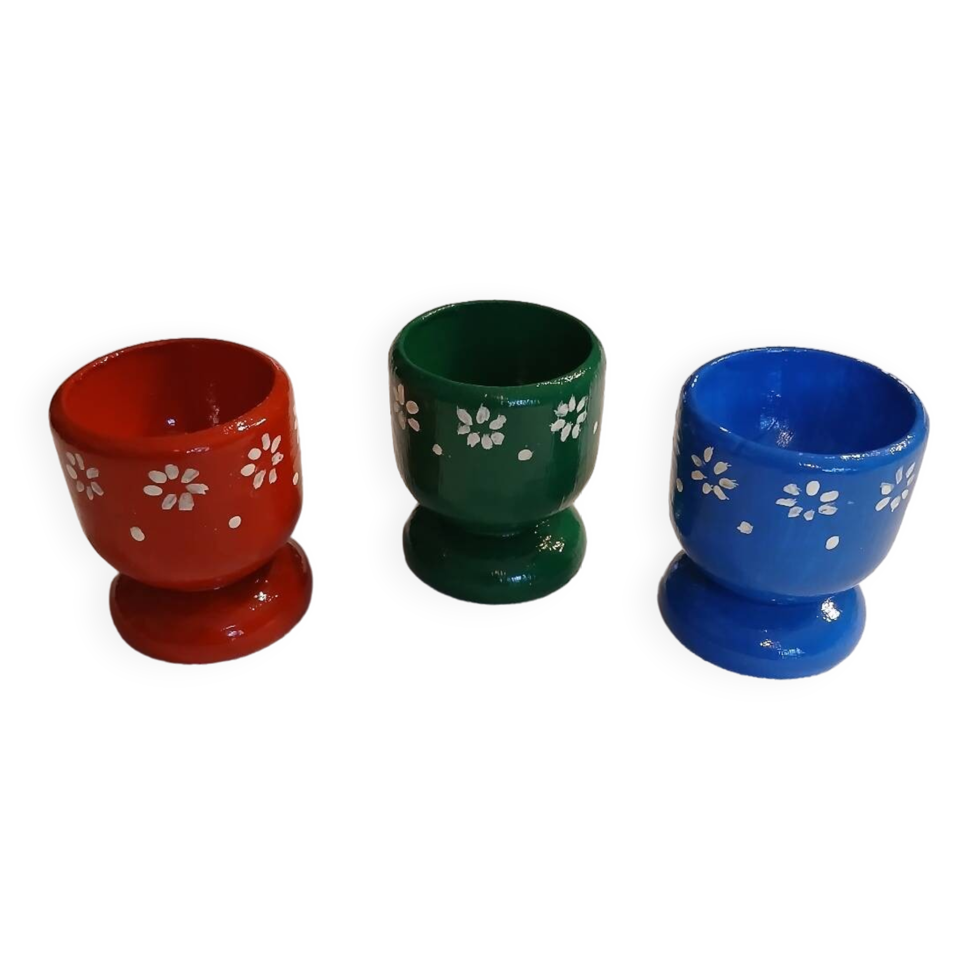 3 old wooden egg cups