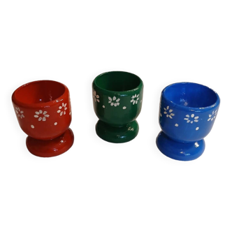 3 old wooden egg cups