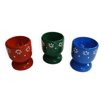 3 old wooden egg cups