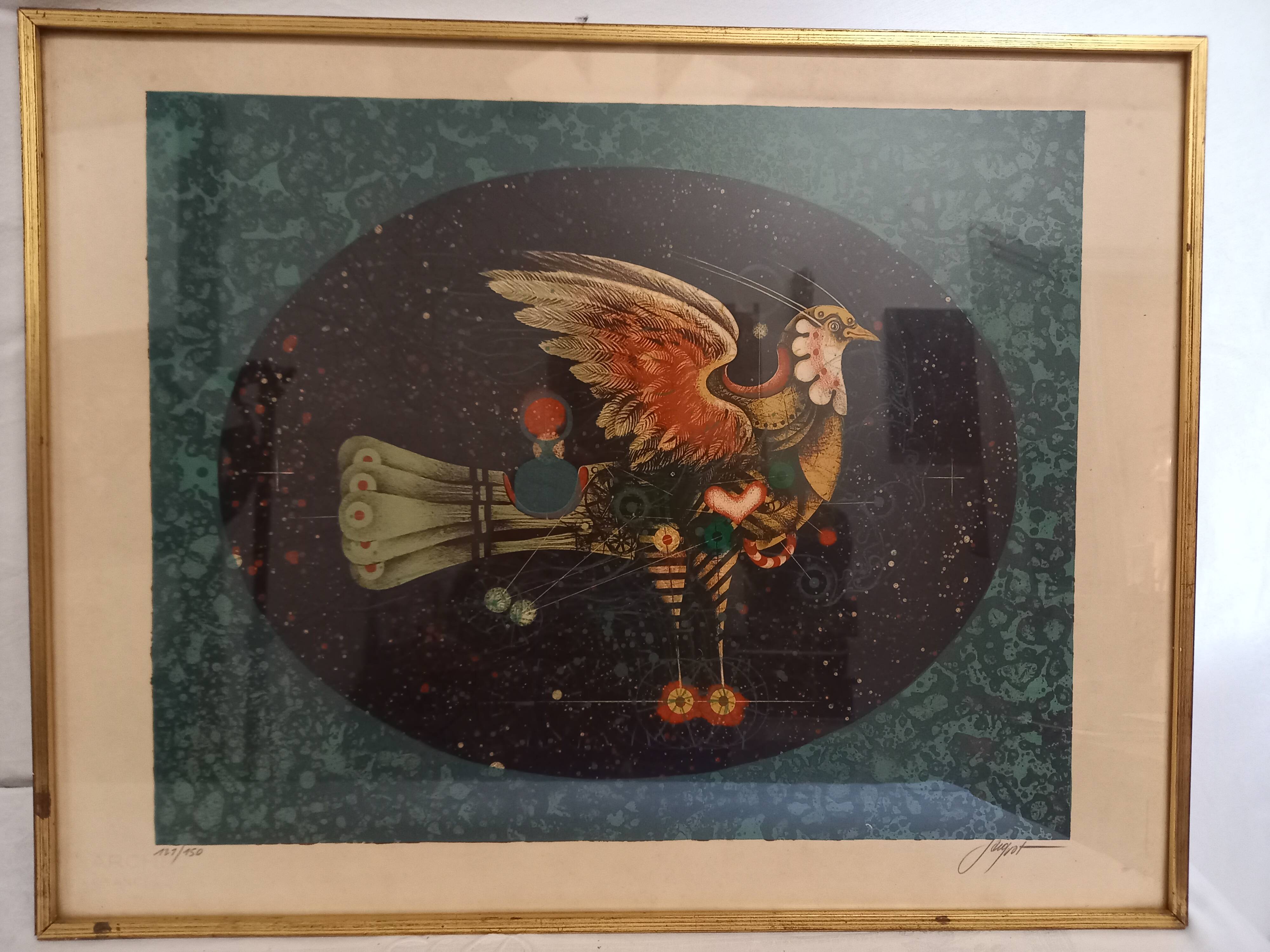 Original lithograph by Pierre-Henri Jacquot (1929-2009), Homage to Vaucanson, bird composition