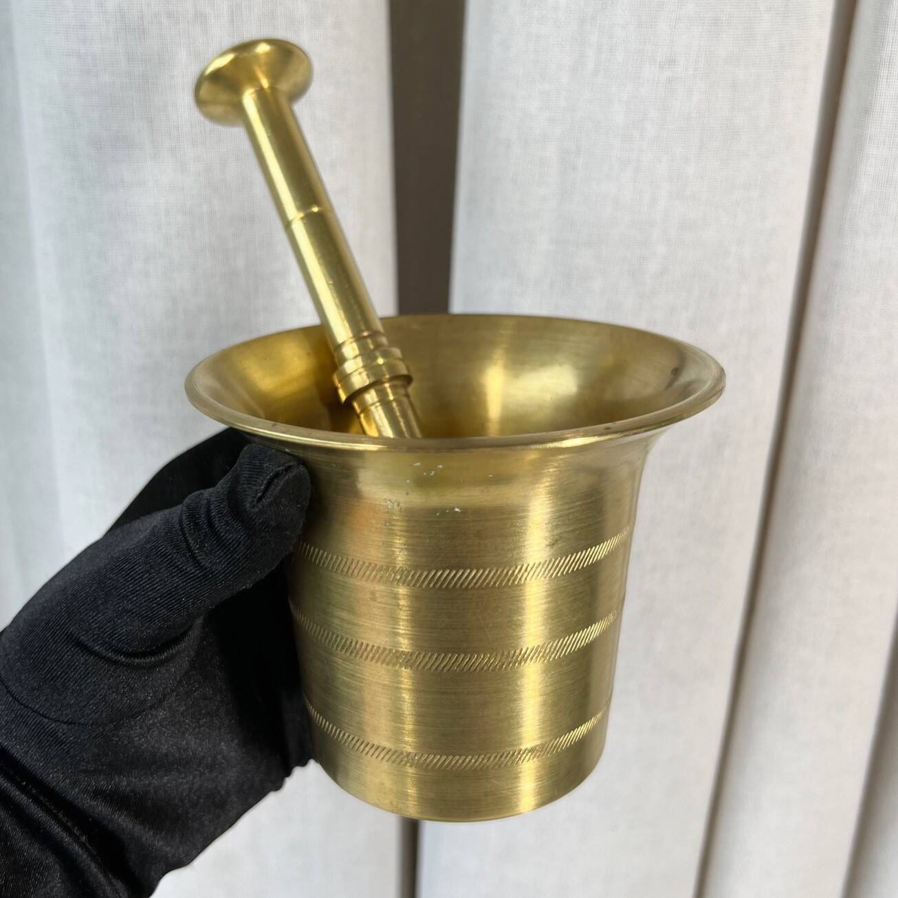 Large brass mortar with pestle