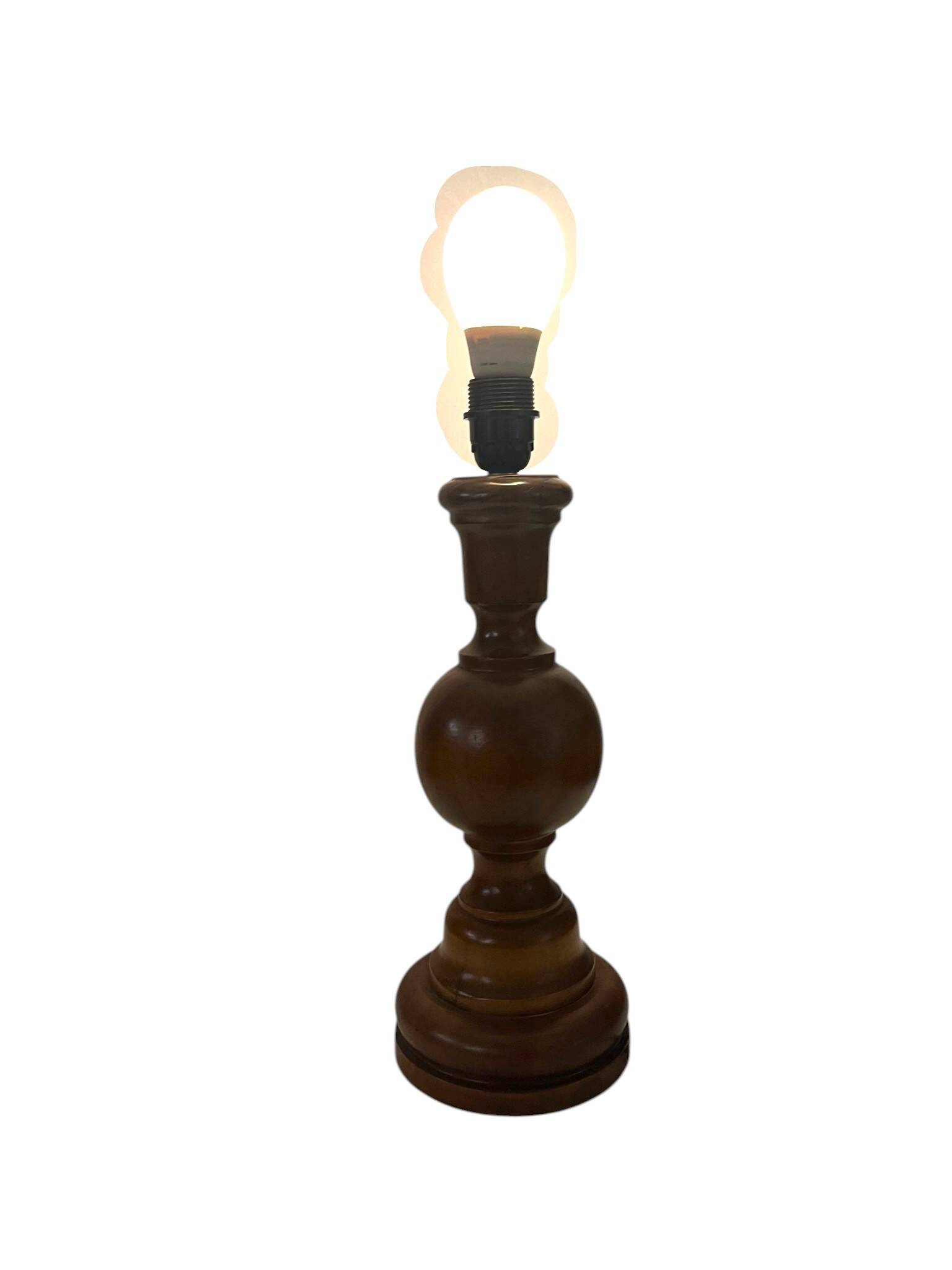 Vintage, large wooden base lamp with shade from around 1970.