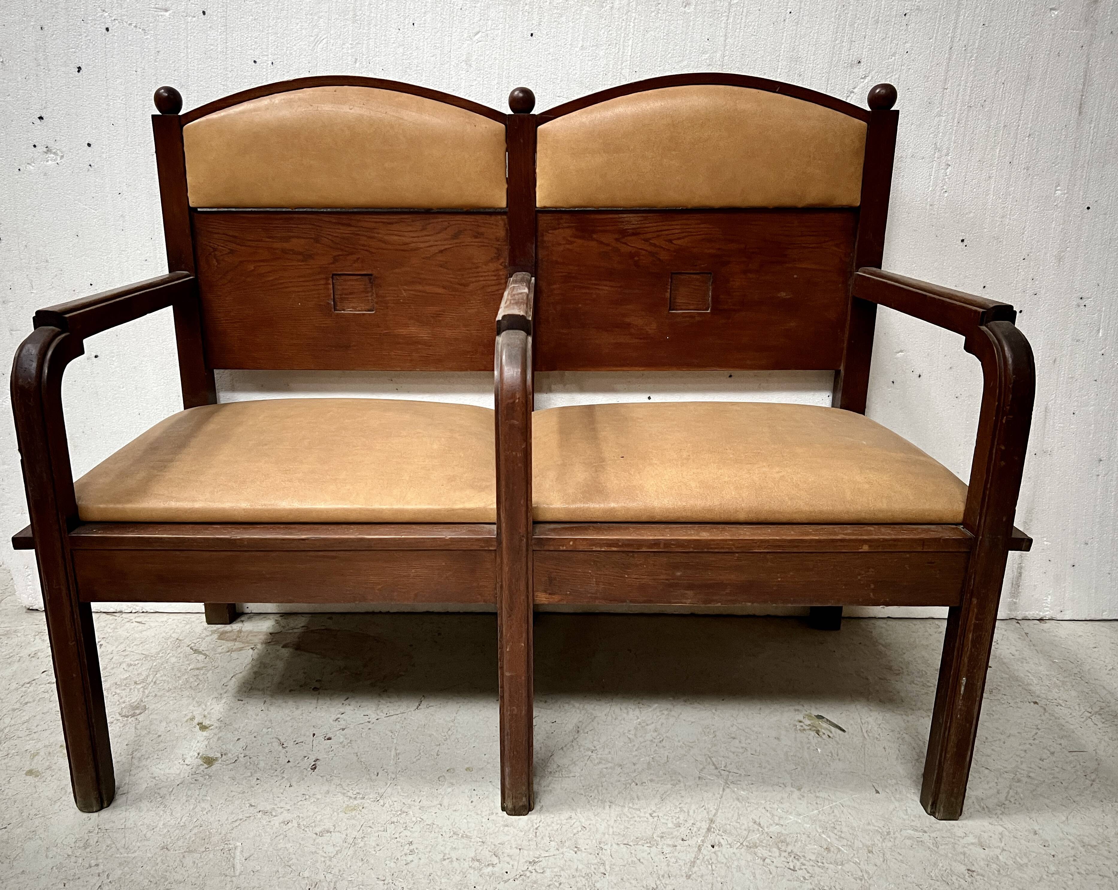 Art Deco two-seater bench in solid mahogany, 20th century.