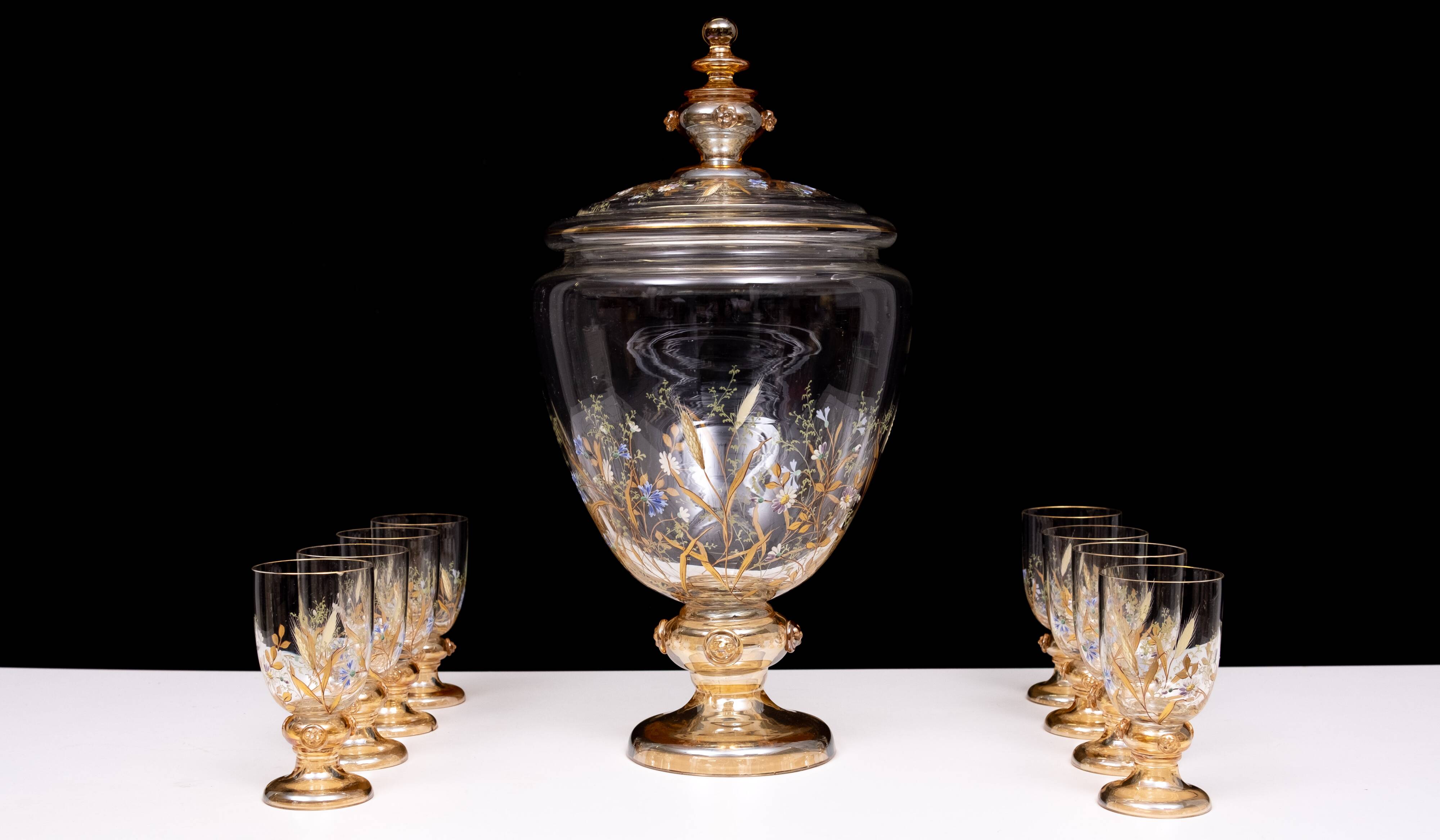 Stunning Antique Enameled Glass serving set for fruit, dessert or punch. 1880