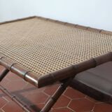 Table basse en teck sculpté et cannage 1970