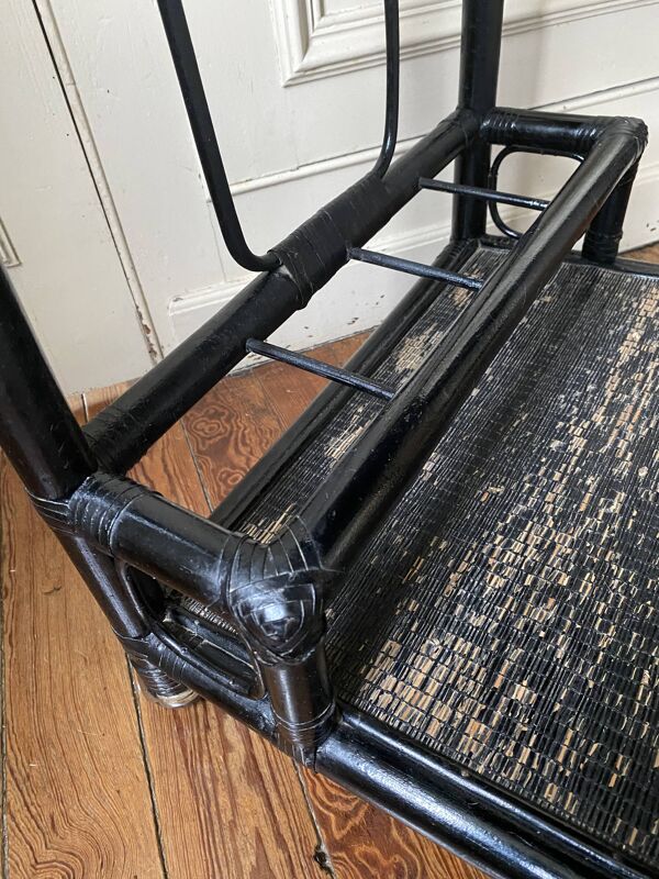 Desserte noire en bois et rotin années 70