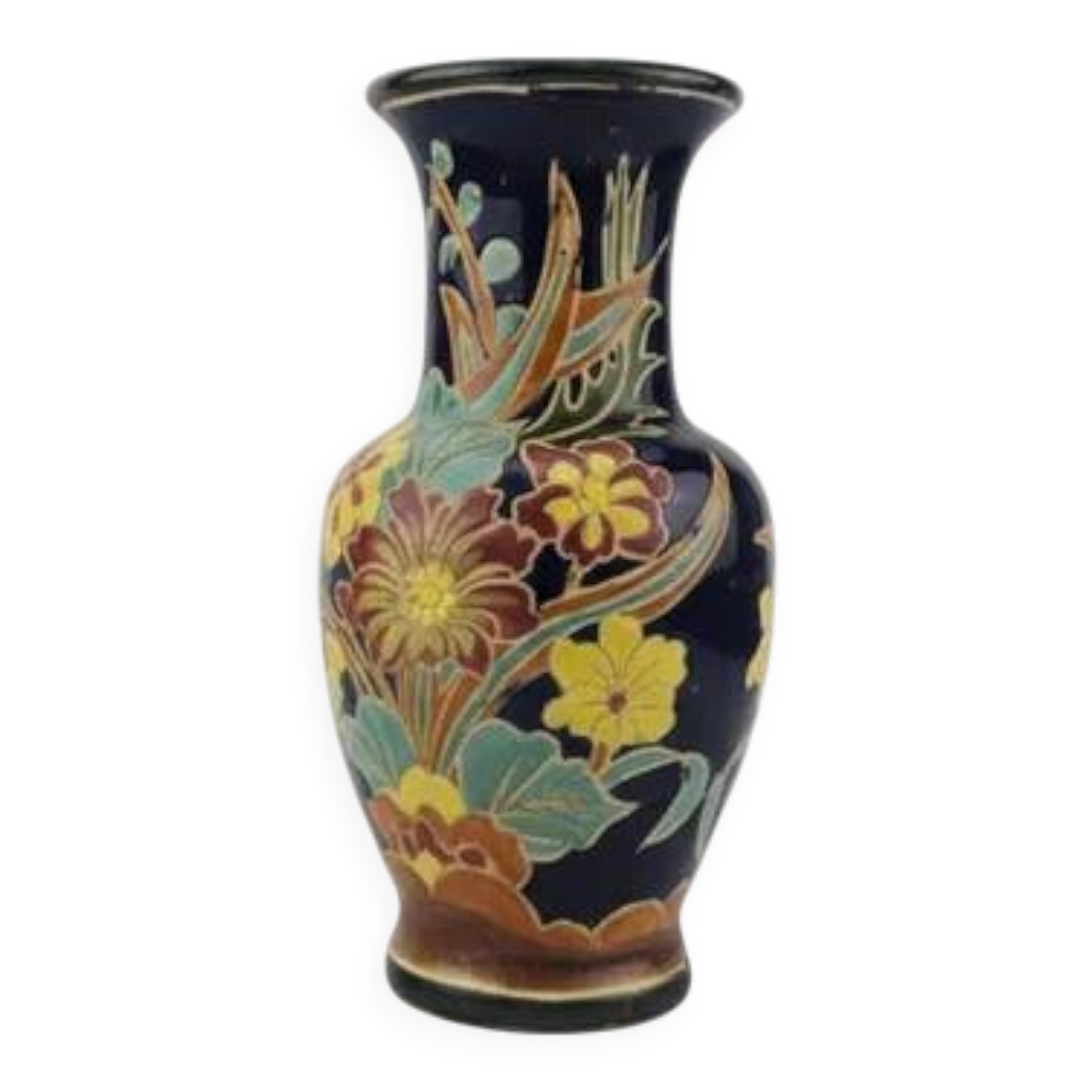 Large multicoloured ceramic vase with floral decoration signed NT.