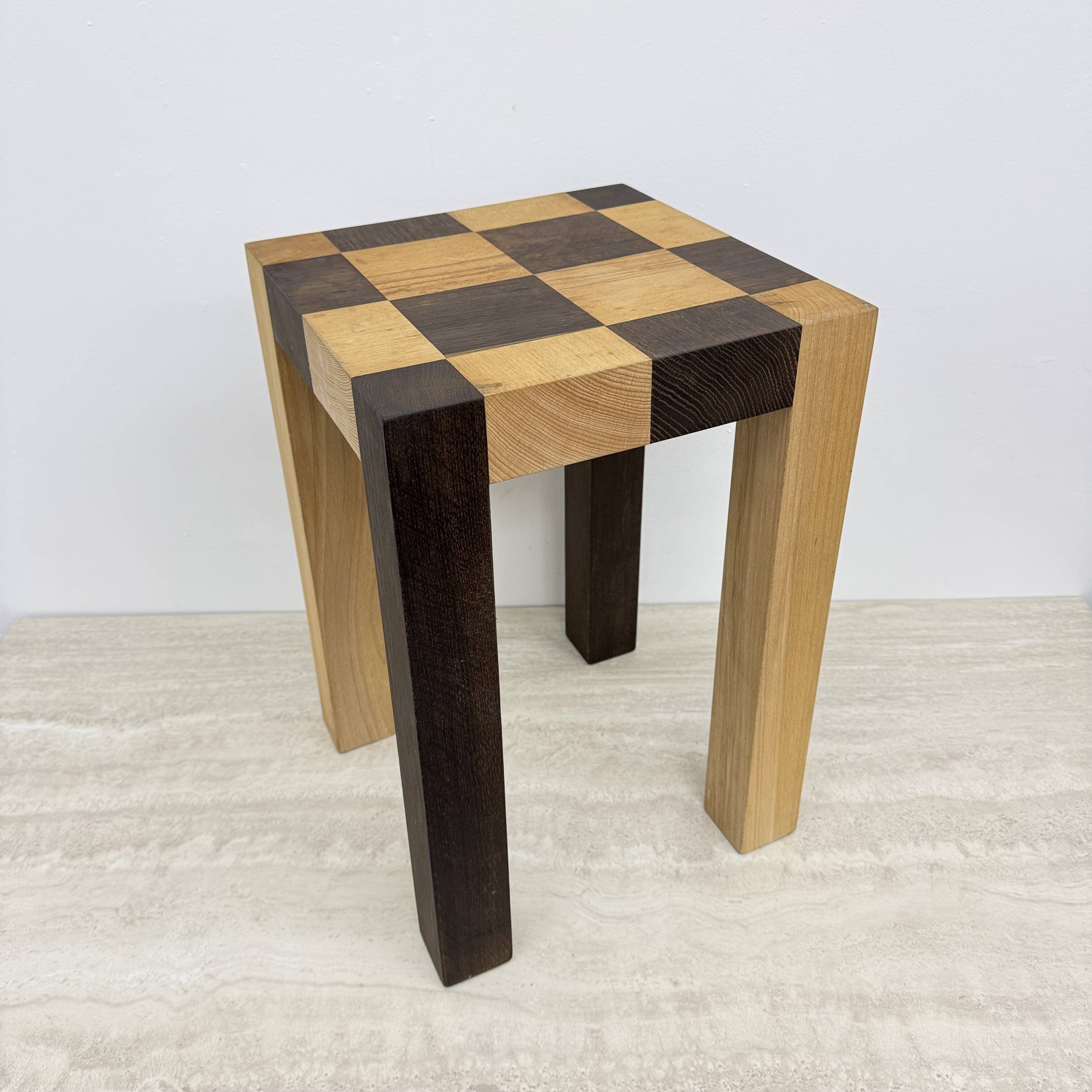 Vintage solid wooden side table chess style , 1970s