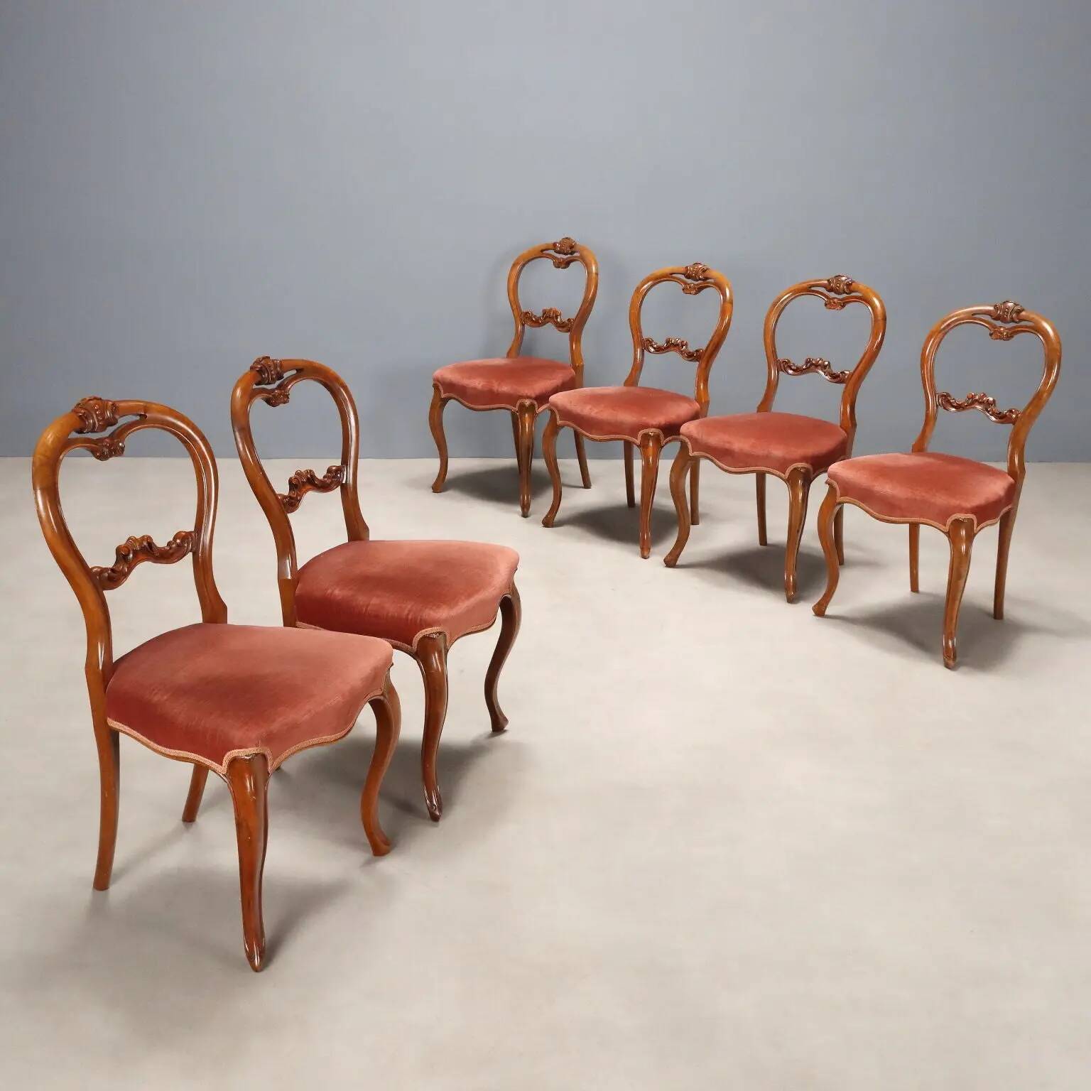 Antique Louis-Philippe chairs in walnut and fabric, Italy, 19th century.