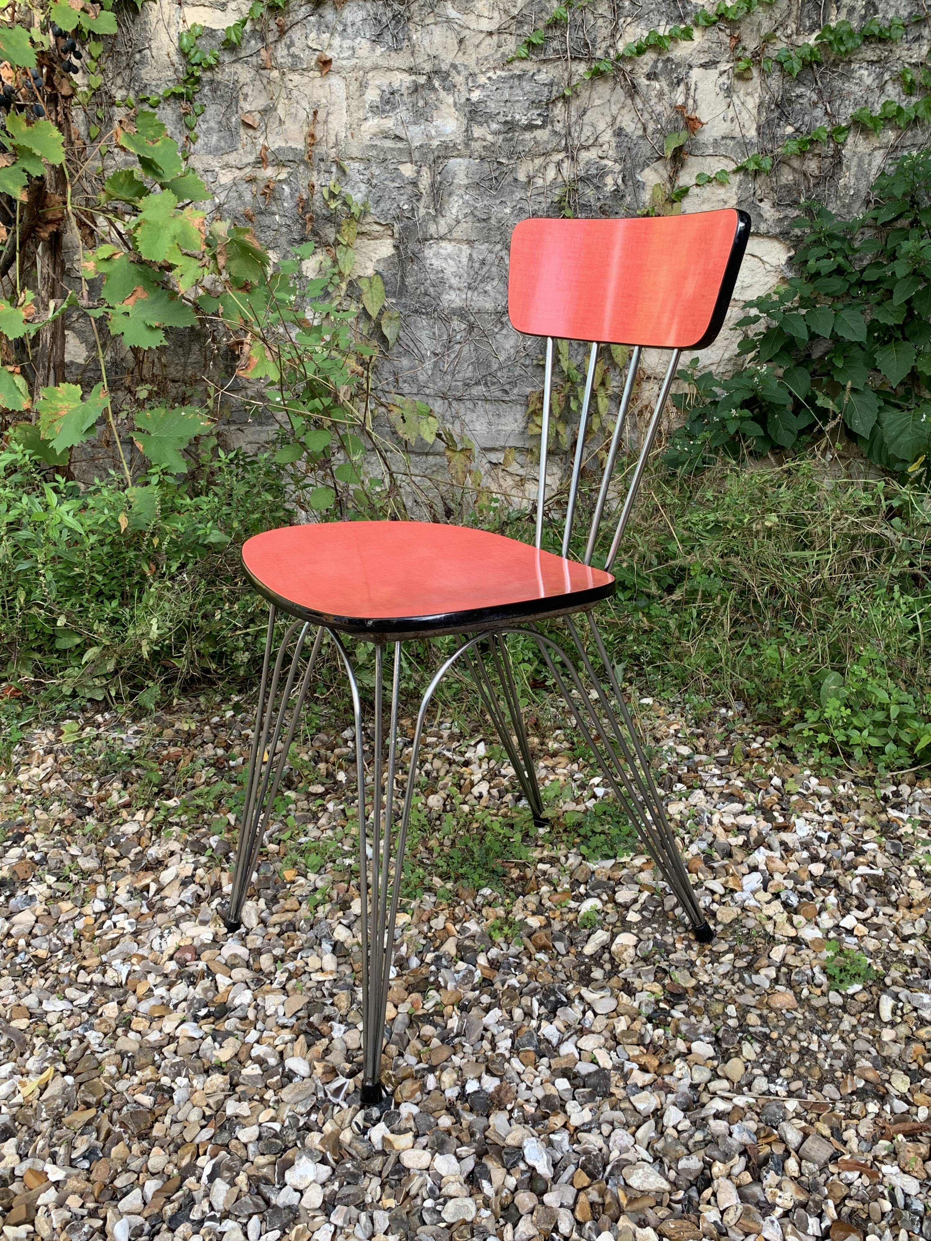 4 red Formica chairs with Eiffel legs, 1950s
