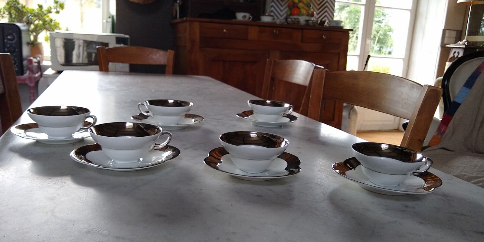 6 tea cups in fine porcelain Epiag white and gray moiré steel