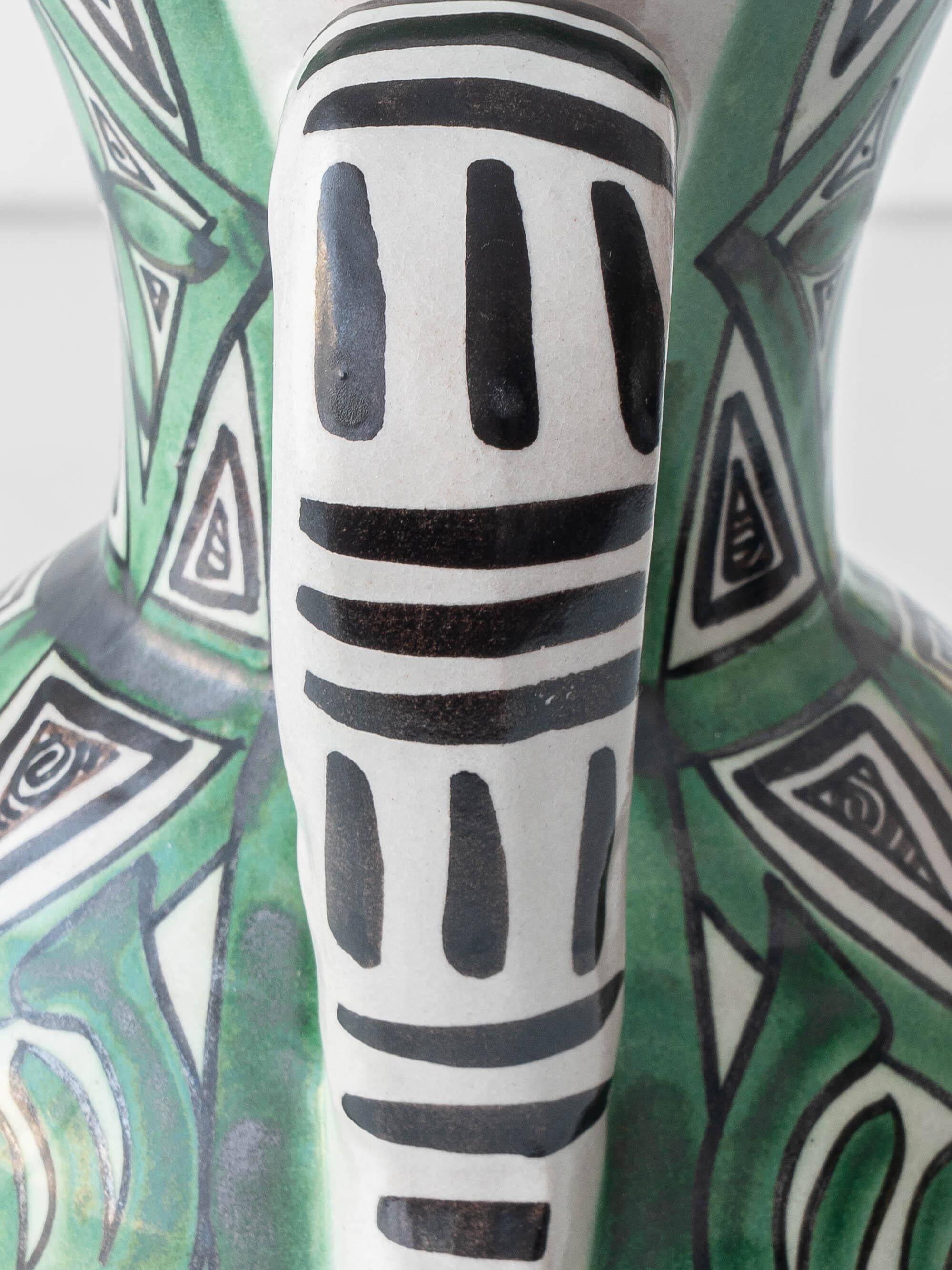 Spanish ceramic pitcher from the mid-century Mudéjar style in green and black, Punter.