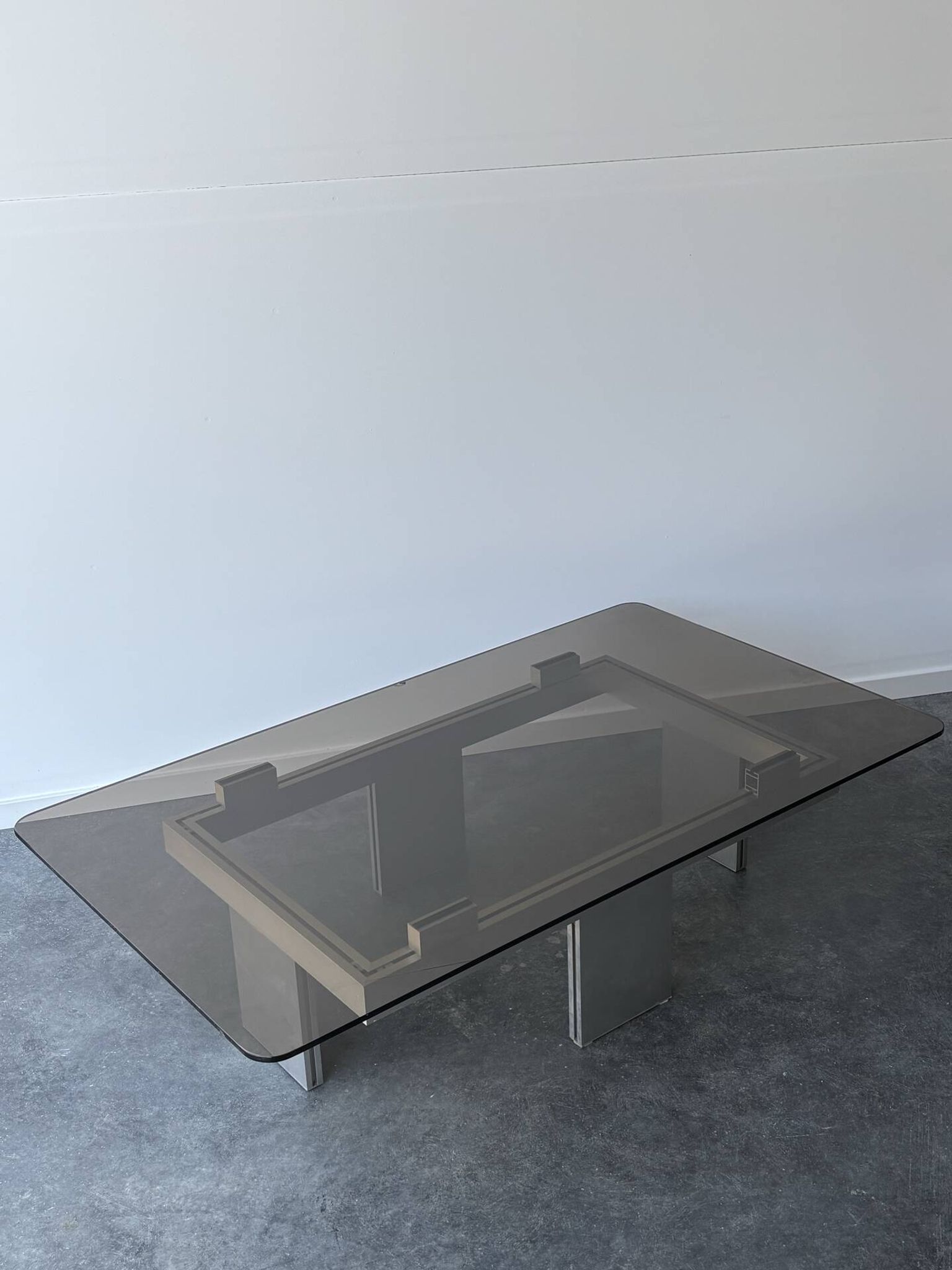 Large modernist coffee table in aluminium and smoked glass, 1970.