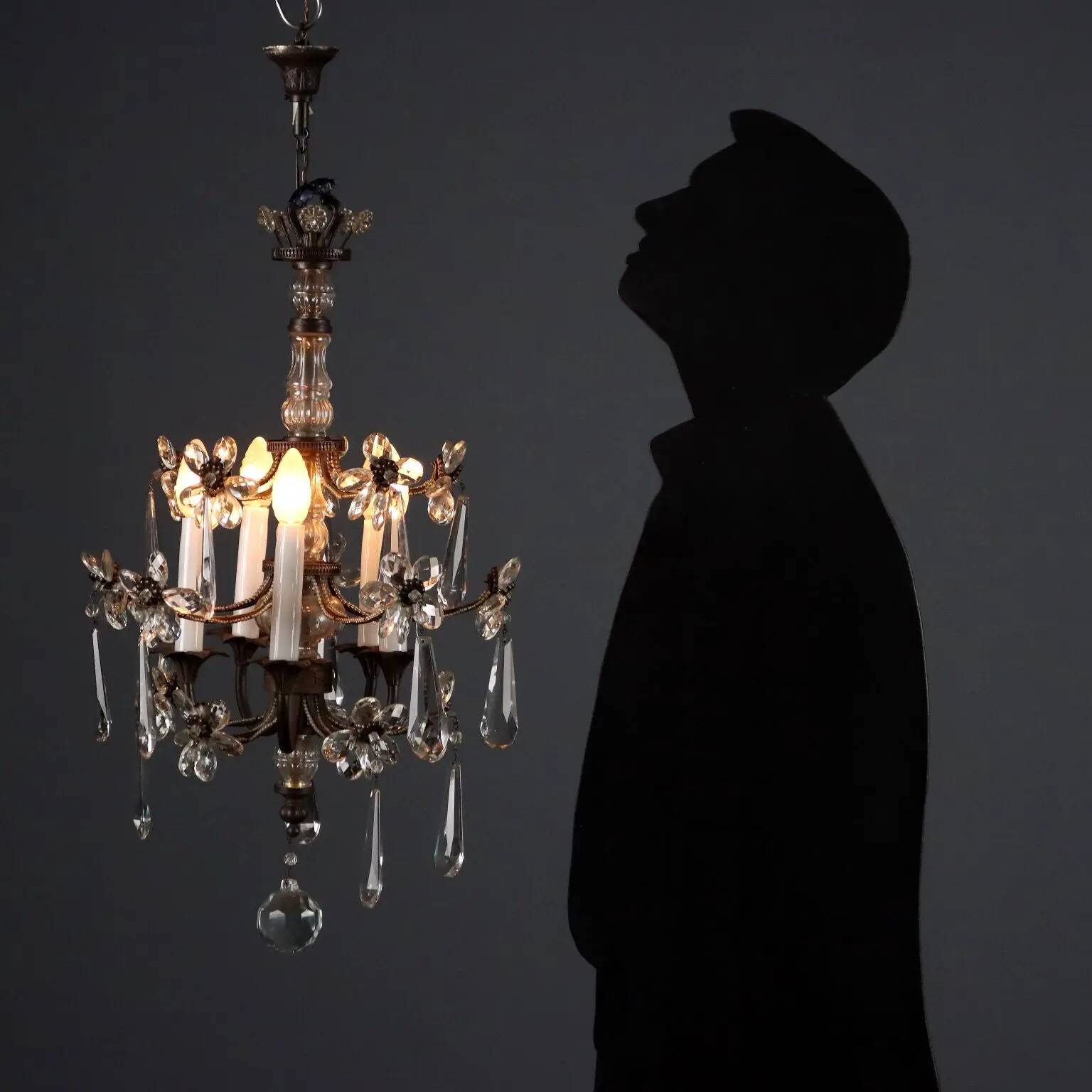 Antique metal and glass chandelier with 5 lights, Italy, 19th century.