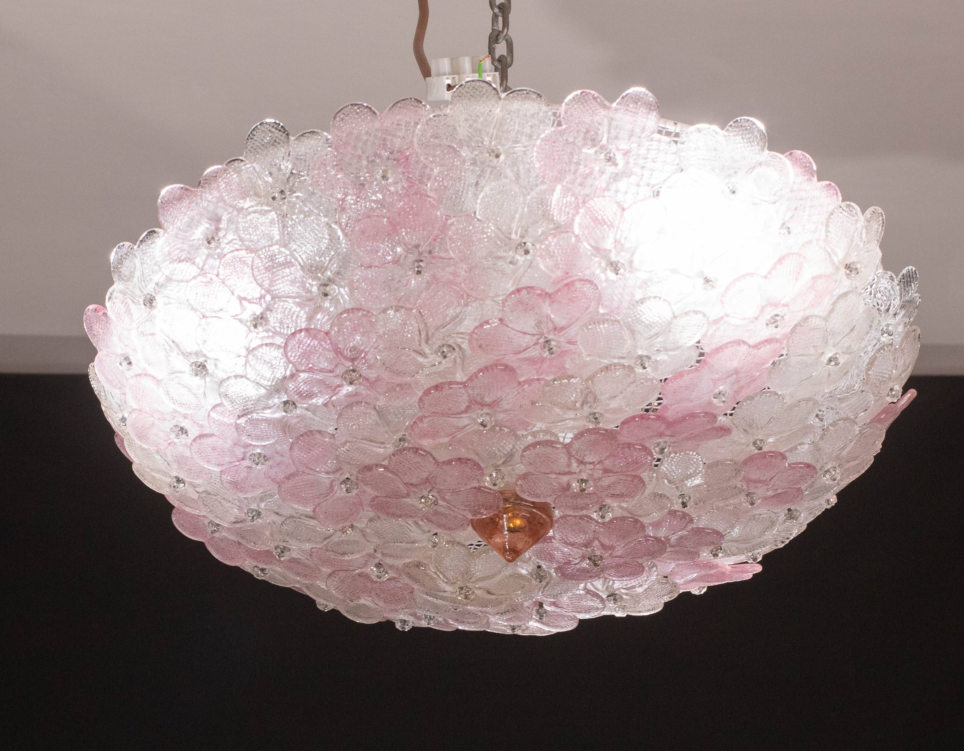Charming Large Size Murano Ceiling Light Pink Flower by Seguso for Venini,