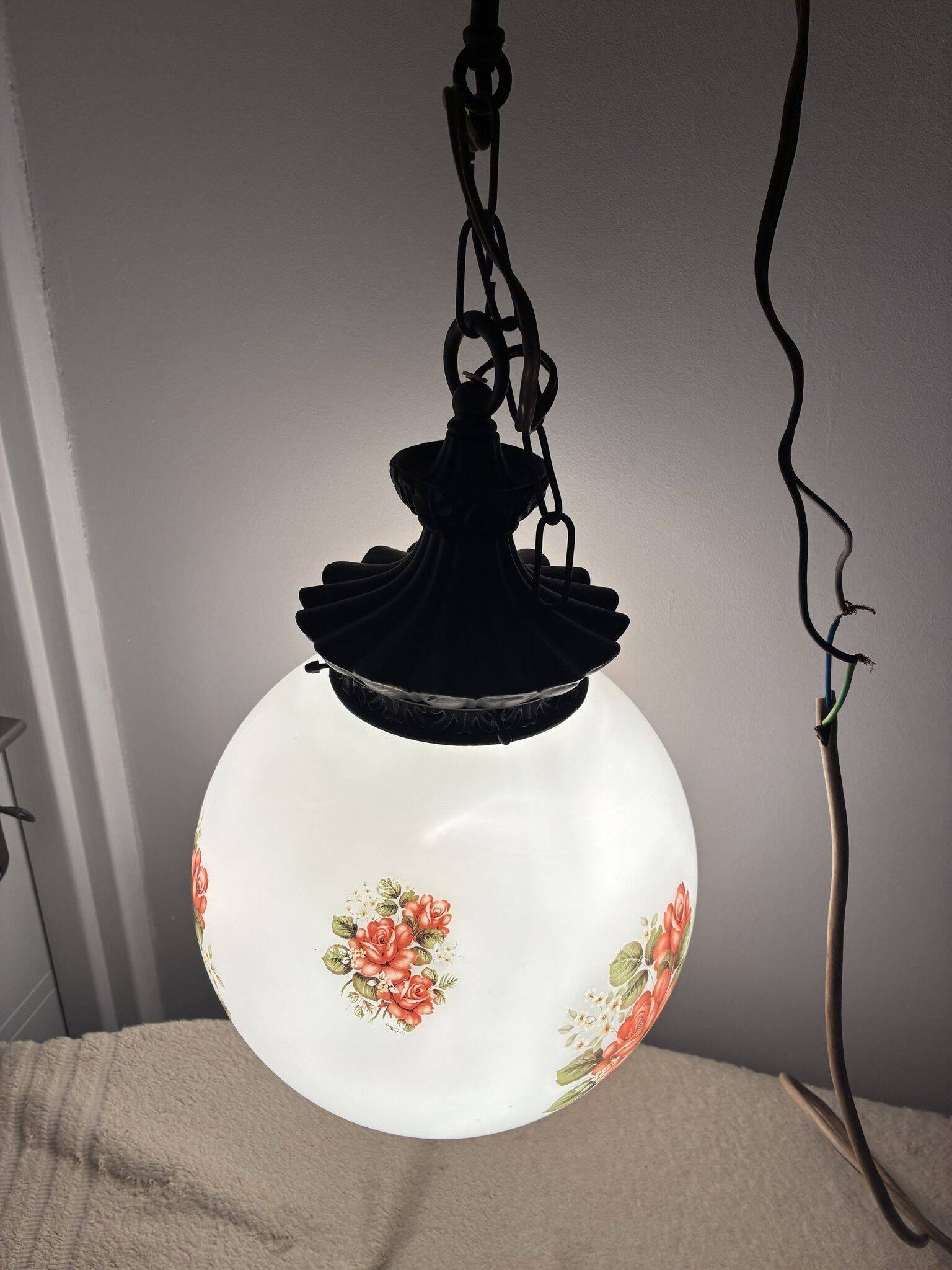Massive opaline glass pendant light with rose decor, 1970s