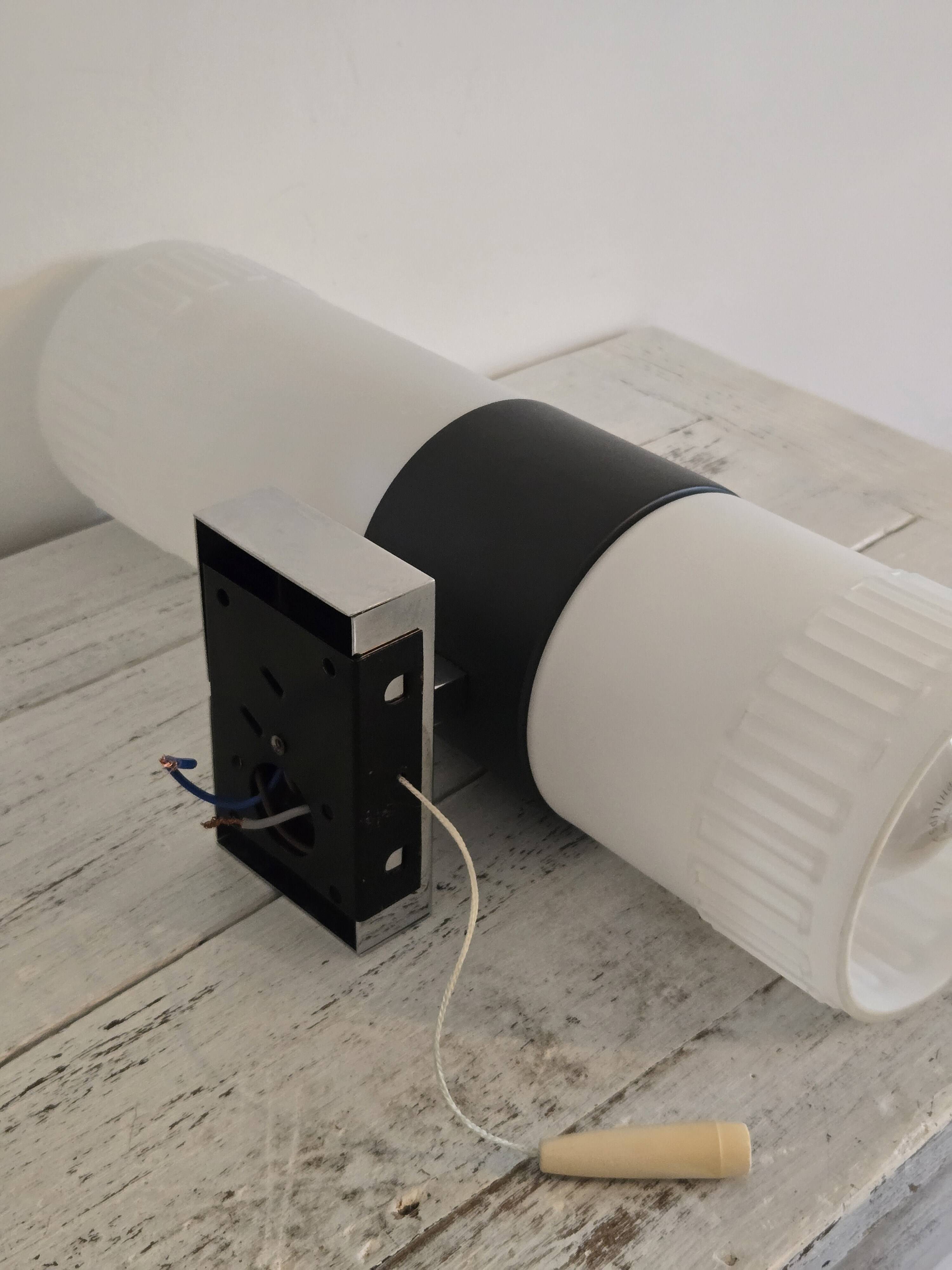 Double cylindrical wall light in metal and opaline glass - vintage 1970s design