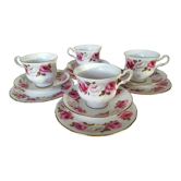 4 trios for tea cup, saucer and plate in English porcelain Queen Anne Princess Roses