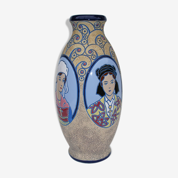 Vase art déco émaux cloisonné Emile Laget impérial amphora à 4 médaillons H. 31,5cm