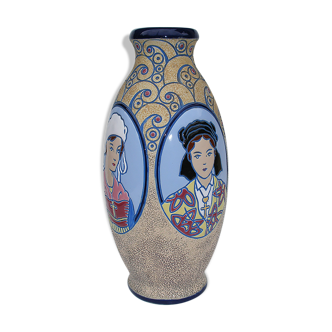 Vase art déco émaux cloisonné Emile Laget impérial amphora à 4 médaillons H. 31,5cm