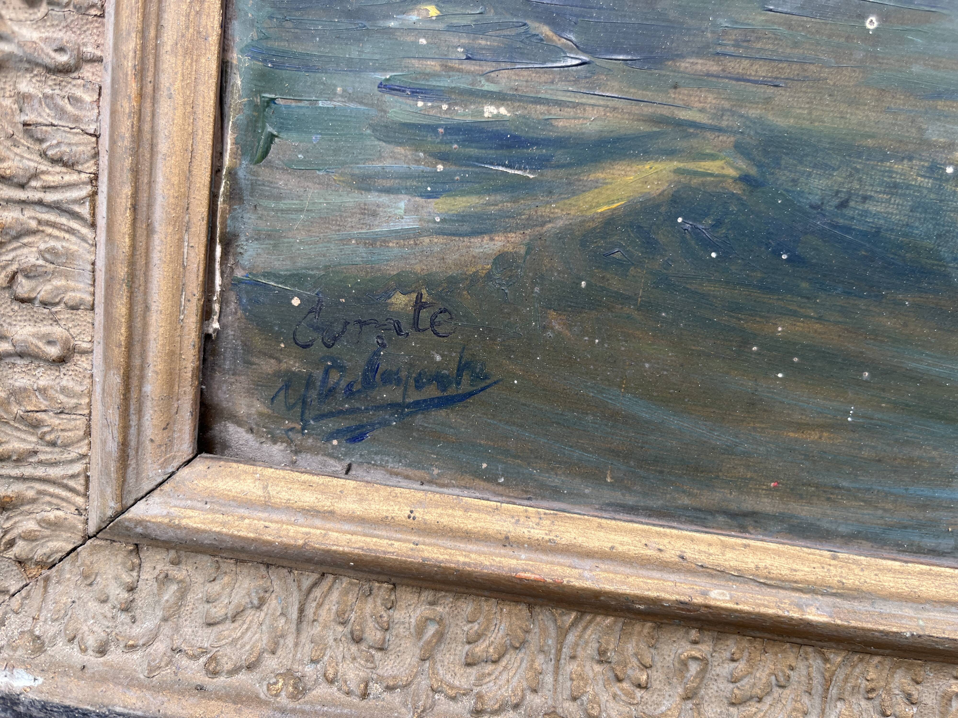 Old marine painting oil on canvas signed Y. Delaporte port entrance