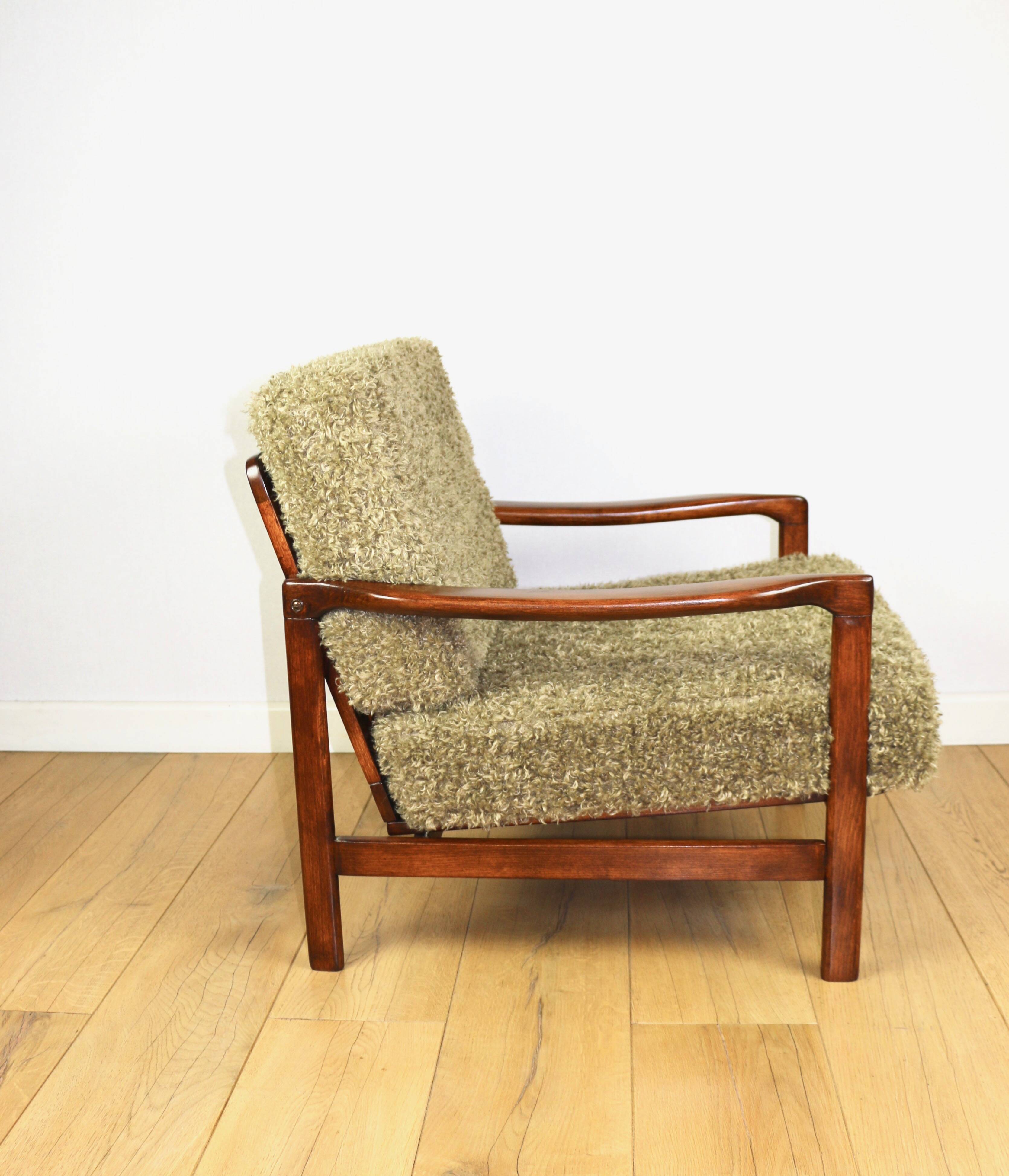 Wooden vintage brown armchair, olive green long hair, design by Z. Bączyk - 2 pieces available
