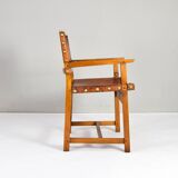 19th century oak and cognac leather brutalist castellana spanish armchair