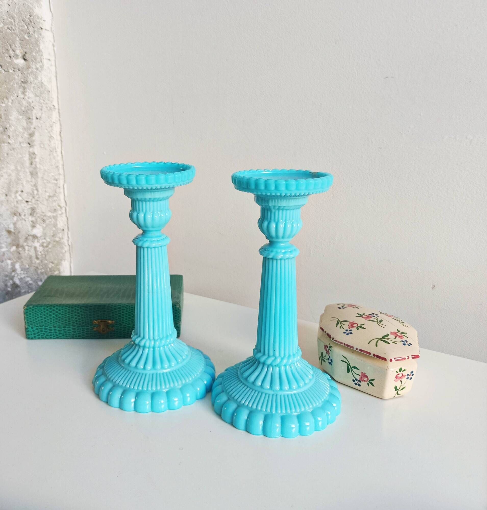 Antique blue opaline candlesticks Portieux Vallerysthal