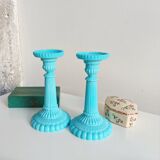 Bougeoirs anciens opaline bleu Portieux Vallerysthal