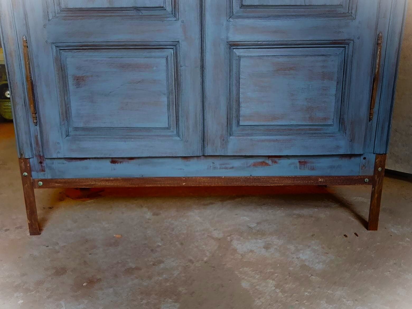 End 18th century wardrobe provençale all solid oak patinated blue by artisan cabinetmaker