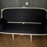 Louis XVI style bench with patina in navy fabric, 19th century