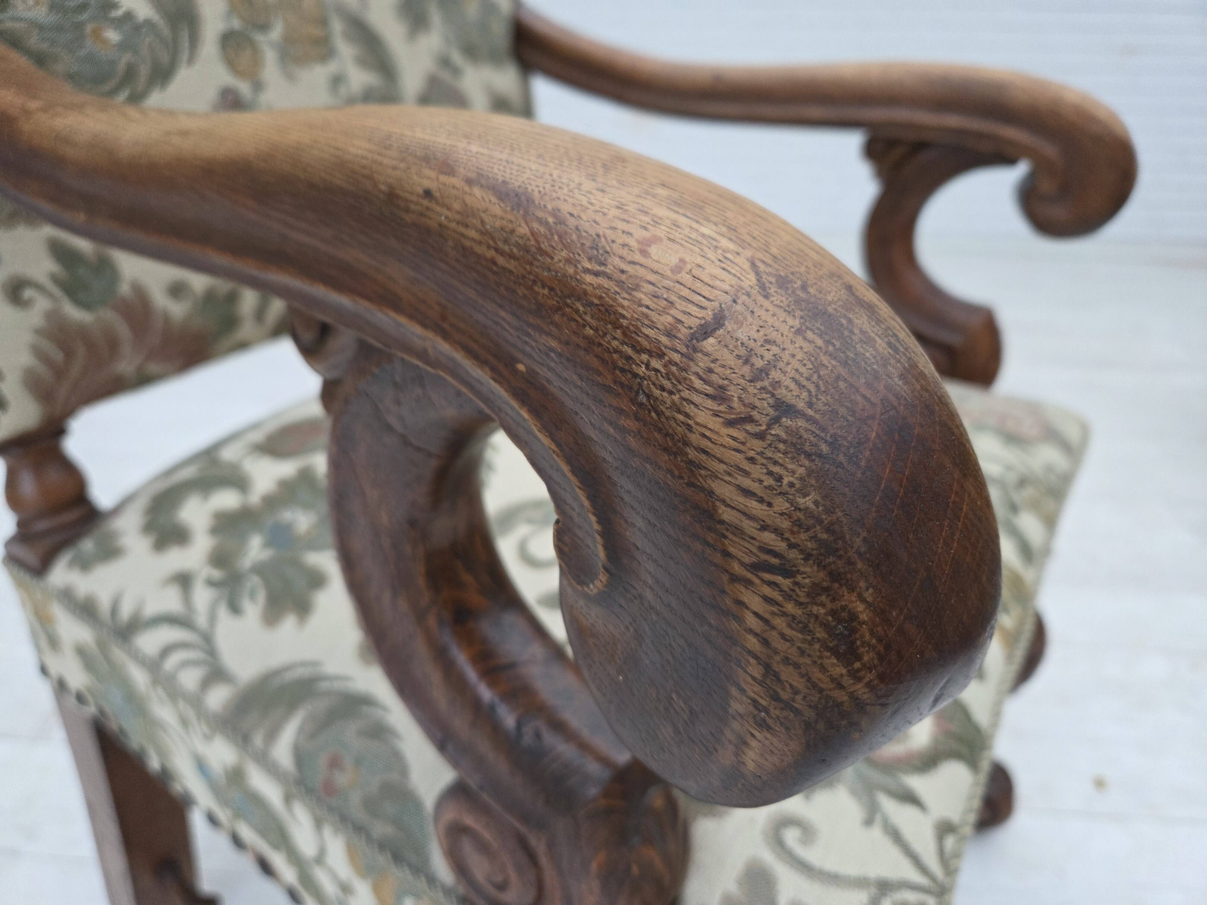 1950s, Scandinavian highback armchair, furniture fabric, oak wood.